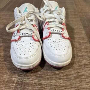 Jordan Kids White and Red Sneakers with Teal Logo